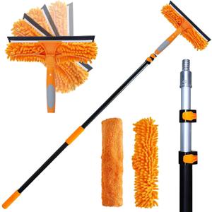20 Ft+ Reach 2 in 1 Window Squeegee Duster with 5-to-12 Foot Extension Pole, Cleaner Tool with 3-Stage Telescoping Pole, Cleaning Kit with Rotatable Head - Chenille Cloth + Microfibre Cloths Head