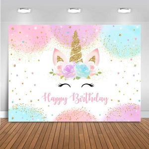 Mocsicka Unicorn Birthday Decorations Backdrop for Girls Party 5x3ft Pastel Rainbow Glitter Stars Dots Happy Birthday Banner Photo Booth Props