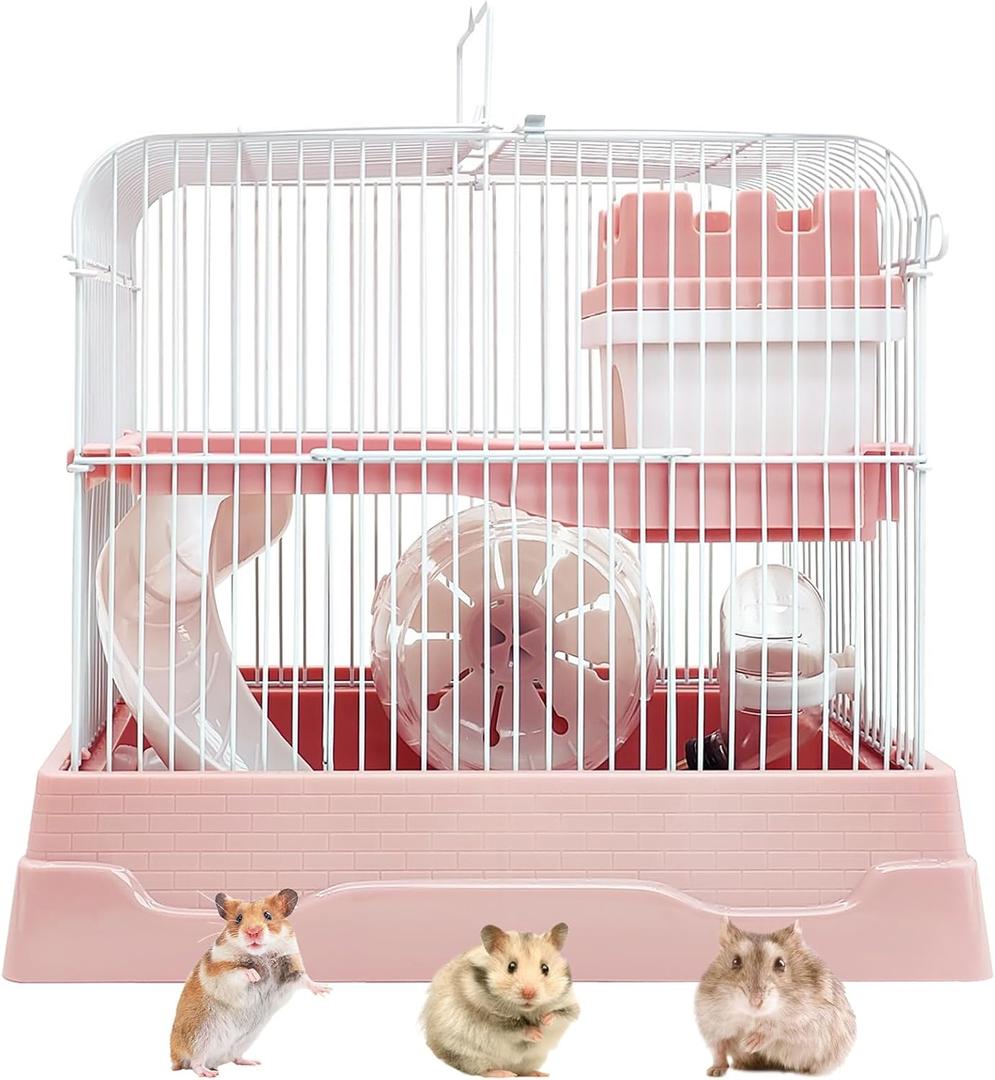 PINVNBY 2-Tier Dwarf Hamster Cage, Travel Portable Mouse Cage Gerbil Cages and Habitats Small Animal Carrier with Castle House Running Exercise Wheels, Water Bottle and Food Dis (Pink)