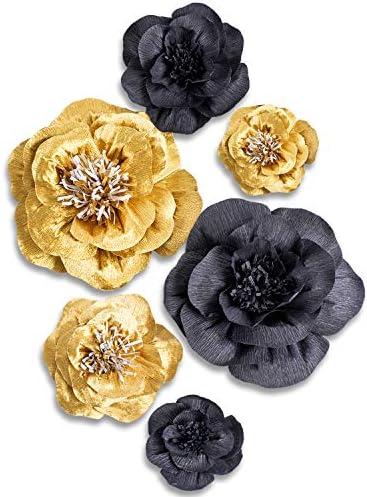 Letjolt Paper Flowers Decorations for Wall 1920s Party Decor Artificial 3D Flowers Backdrop Golden Wedding Garlands Baby Shower Bridal Shower (Golden Black Set 6)