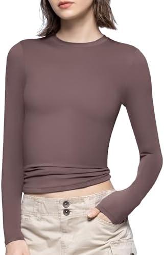 PUMIEY Women's Long Sleeve T Shirts Crew Neck Slim Fit Tops Sexy Basic Tee Smoke Cloud Pro Collection, Large