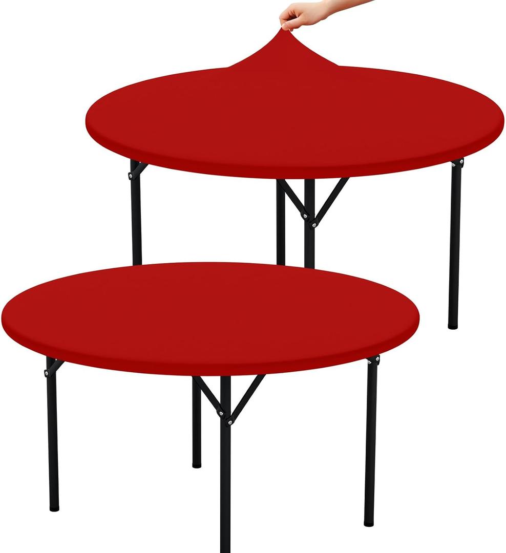 misaya 2 Packs Round Spandex Tablecloths, Stretch Elastic Tablecloth Cover Fits for 45"-56" Round Tables, Washable Polyester Table Cloth for Dining, Party, Outdoor and Indoor, Red