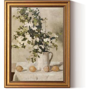 ARPEOTCY Gold Framed Canvas Art Prints,12x16inch, Vintage Lemons and Floral Art Painting, Rustic Farmhouse Decor for Kitchen Dining Room Bedroom Bathroom Shelf, Country Still Life Pictures