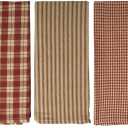 Burgundy Plaid Kitchen Towels 3 Pack - 15x25 Cotton Dish Towels - Rustic Country Hand Towels for Kitchen, Gingham Check Stripe Design