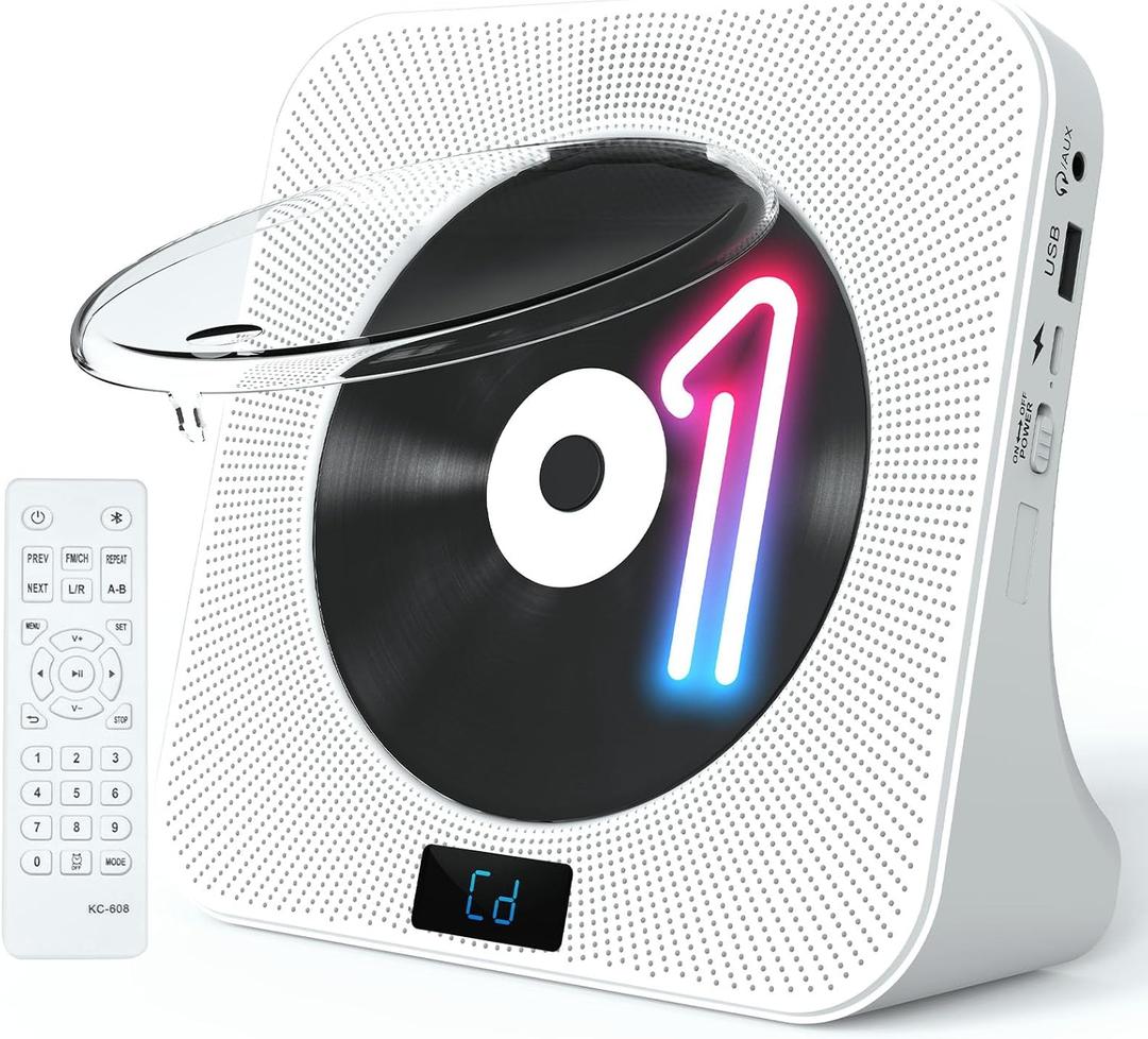 Desktop CD Player Portable with Bluetooth - Jimwey CD Players for Home with HiFi Speakers, FM Radio, Remote Control, LED Screen Display, Support CD/Bluetooth/USB/AUX, White CD Player for Gift