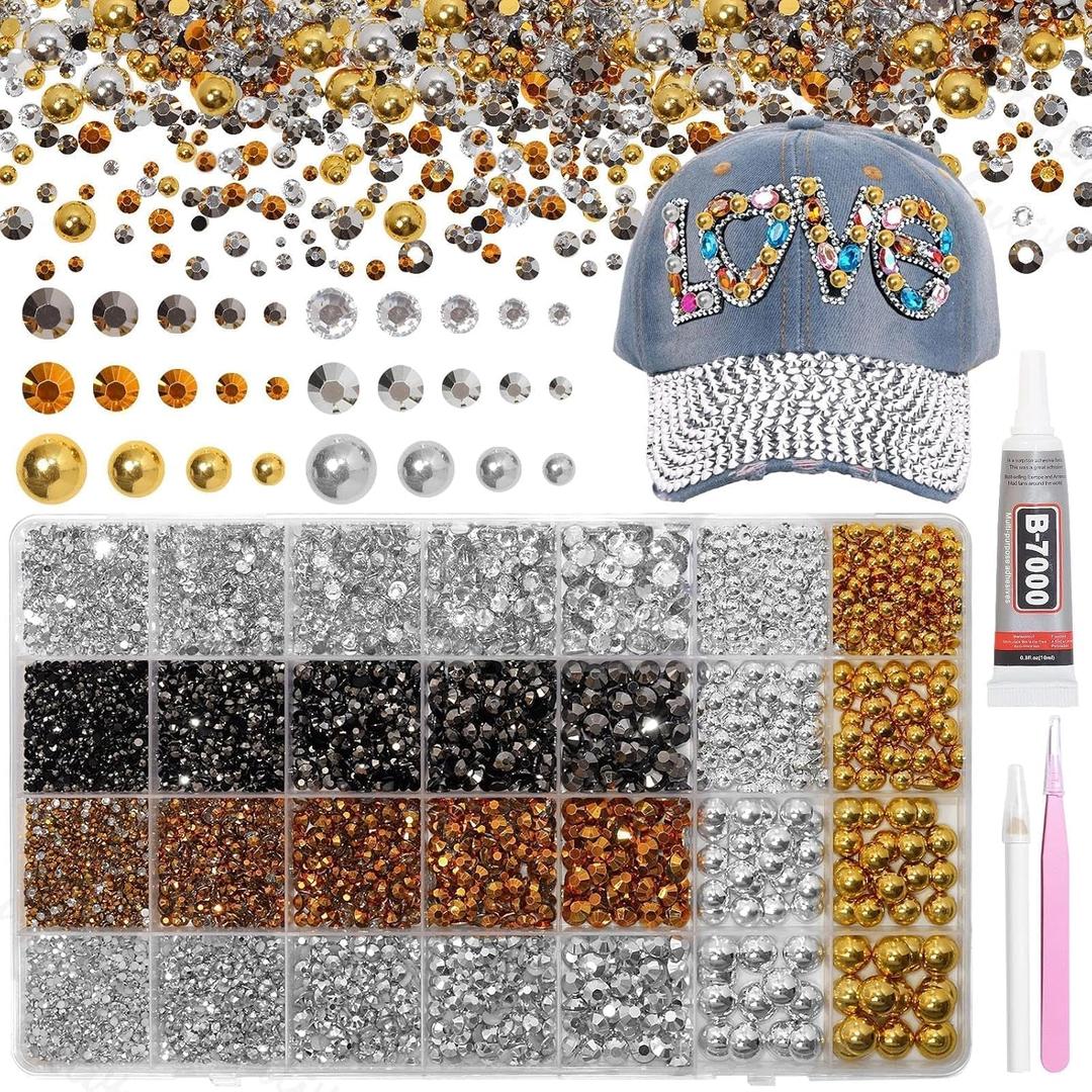 14000Pcs Mixed Gold Silver Flatback Rhinestones and Pearls for Bedazzling Kit, 2-6mm Resin Gems Bedazzling Rhinestone, 4-10mm Flatback Pearls Gems Rhinestones for Crafting DIY Face Makeup
