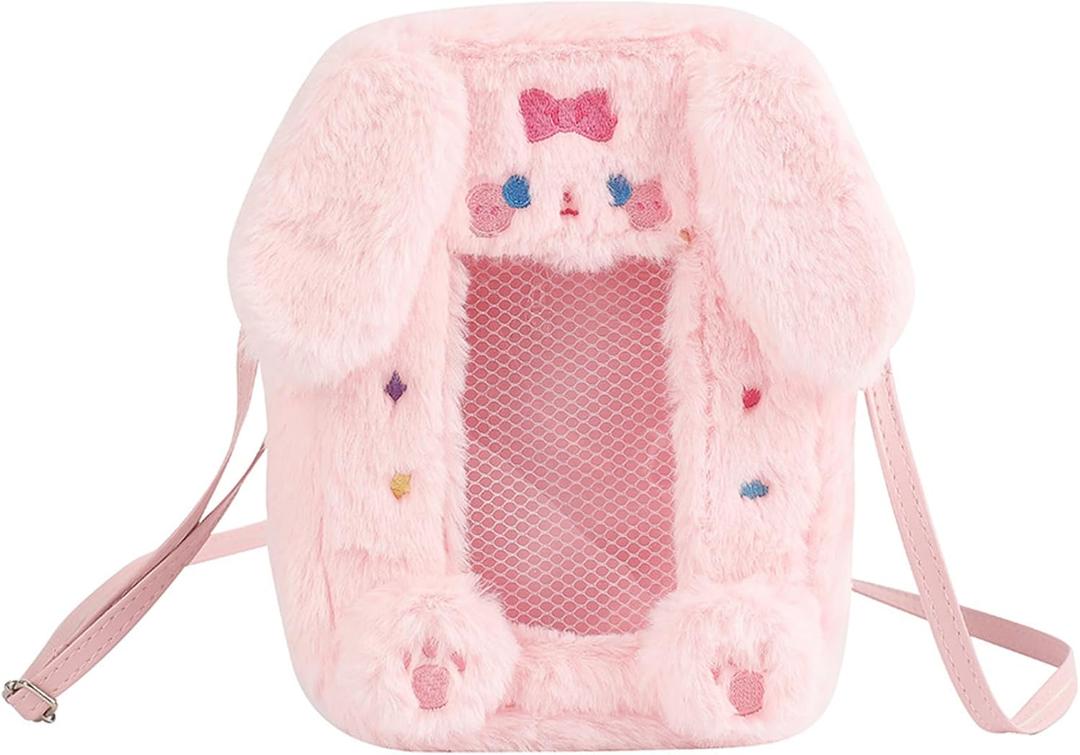 Clear Figure Display Bag for 10cm Doll - Crossbody Protective Case with Adjustable Strap, Dustproof and Portable, for Plush, Collectibles, and Gifts (Pink Bunny)