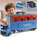 78 Inch Foldable Extended Carrier Truck Race Track Playset with Portable Storage Box 8 Die-Cast Cars, Multi-Functional Transport Truck Toys for Toddlers Ages 3-8