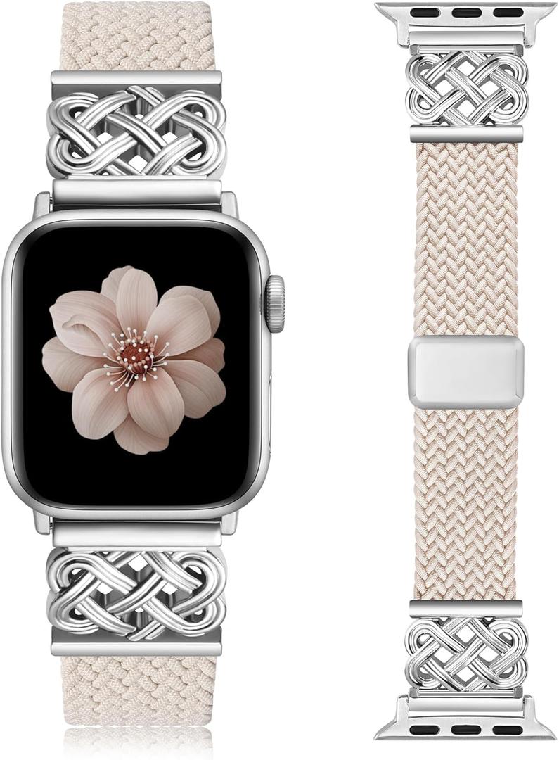 TOYOUTHS Braided Magnetic Band Compatible with Apple Watch Bands 38/40/41/42/44/45/46/49mm Women Men, Dressy Celtic Metal Stretchy Elastic Strap for iWatch Series 11 10 9 8 7 6 5 4 SE/Ultra 3 2 1 (Starlight/Silver)