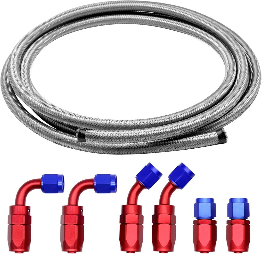 12FT 6AN Fuel Line Hose AN6 3/8" Silver Stainless Steel Braided CPE Tube Oil Fuel Gas Hose w/ 6 pcs Fitting Connectors Red & Blue