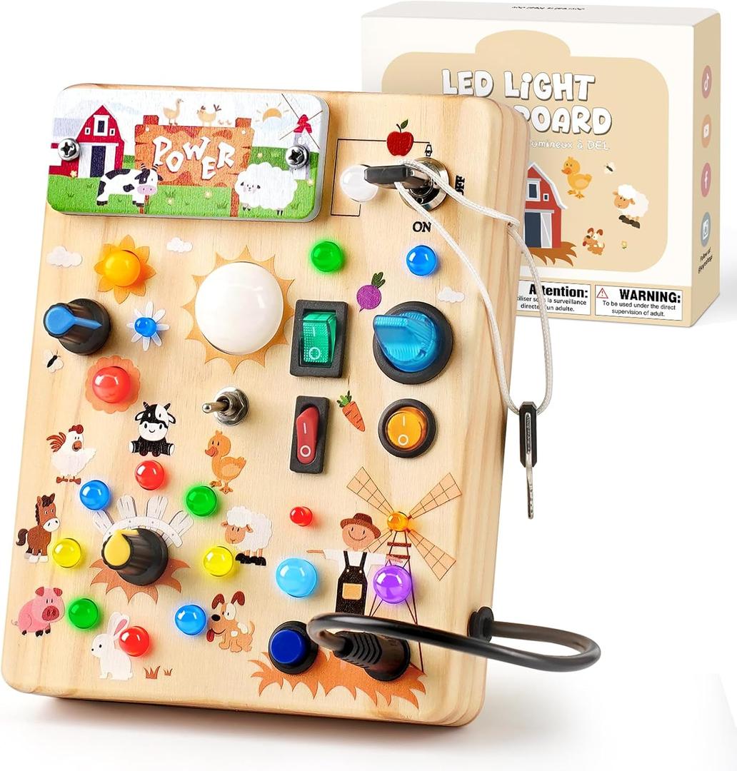 LED Busy Board for Toddlers 1-3, Montessori Toy with Key Switch, Light Up Wood Activity Sensory Board for Fine Motor Skills, Educational Travel Toy Gift for 1 2 3 Year Old Boys Girl（Farm Theme）
