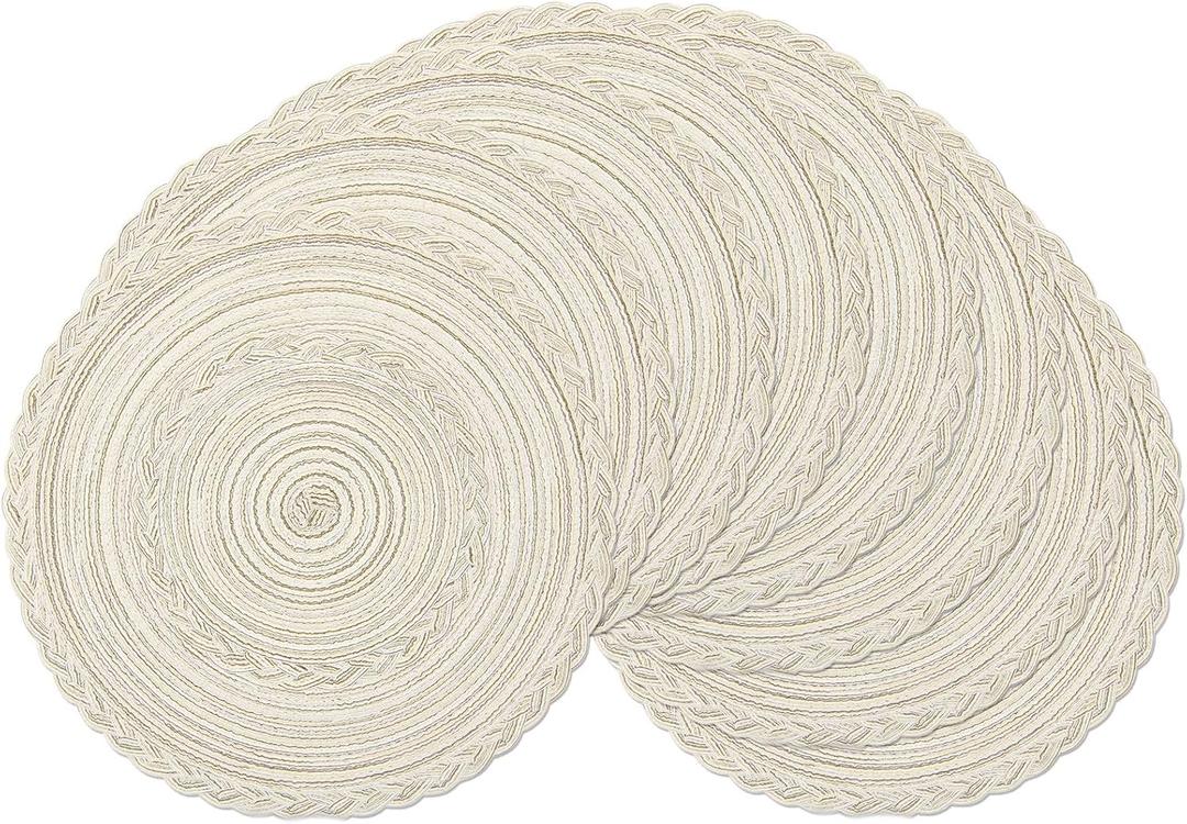 SHACOS Boho Round Placemats Set of 8 Braided Border Round Place Mats 15 inch Washable Dining Table Mats for Home Wedding Holiday Party (Ivory Bordered, 8)