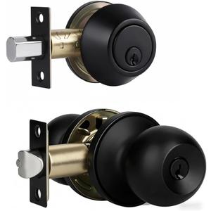 Front Door Lock Set Exterior Door Lock Set with Deadbolt, Single Cylinder Deadbolt Lock and Door Knob Set, Keyed Alike,Matte Black Door Knob and Deadbolt Set(1Pack Set)