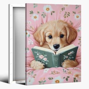 Funny Animal Canvas Wall Art Cute Dog Reading Books In Bed Posters Vintage Trendy Pink Preppy Print Painting Picture Pet Lovers Wall Decor for Girls Bedroom Living Room Bathroom 12x18inch Framed