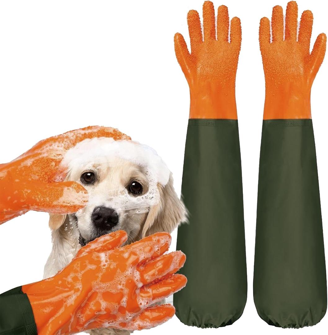 YOFANG Pet Grooming Gloves for Washing Dogs & Cats, 27.6" Extra Long Waterproof Rubber Bath Gloves, Anti-Bite Anti-Scratch Hair Removal Cat Bath Glove with Soft 3500+ Particles, Orange