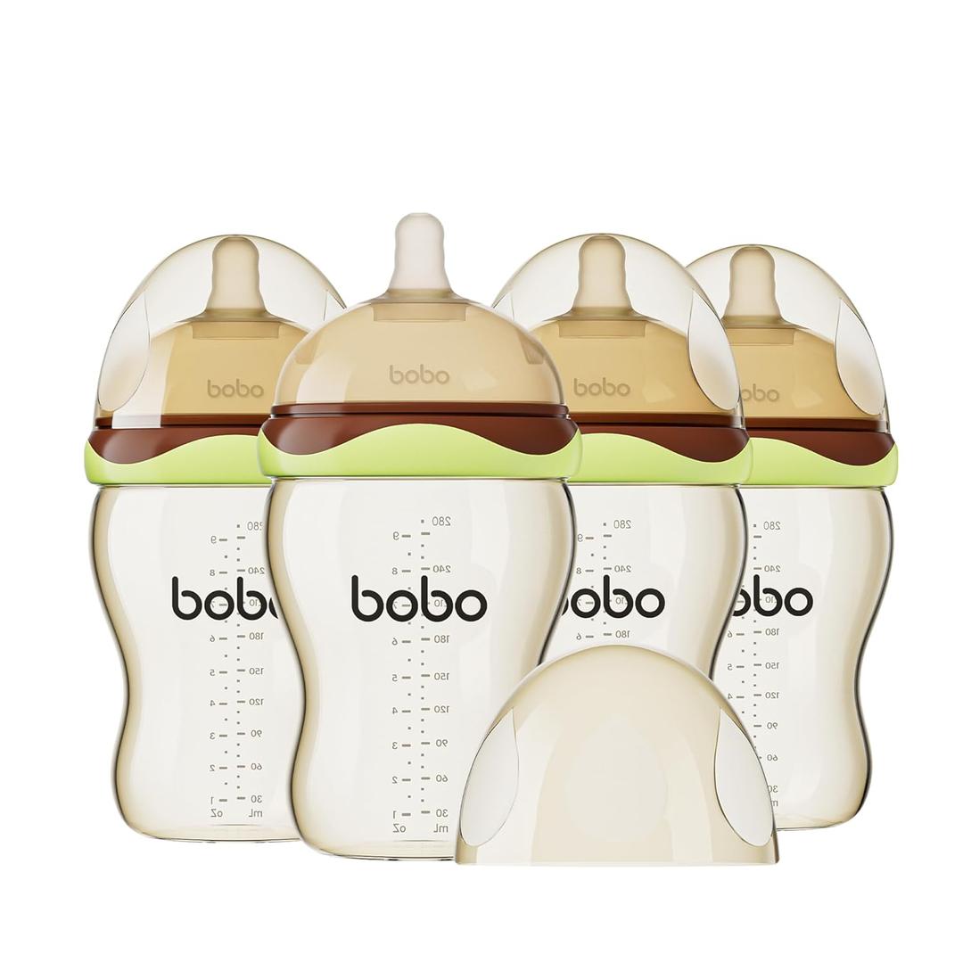 YOHKOH Baby Bottles - Newborn Wide Neck Baby Bottles with Slow Flow Breast-Like Nipple, PPSU Anti-Colic Bottles Breastfeeding System (Green, 9.4oz (Pack of 4))