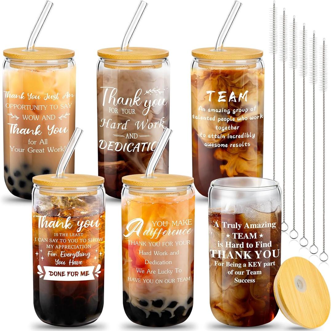 6 Set Employee Appreciation Gifts Glass Cups Bulk Thank You Gifts for Team Coworkers Staff Teachers and Nurses 16 oz Can Shaped Glass Cups with Bamboo Lids and Straws(Kind Style)