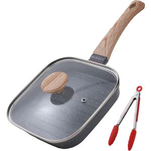 Grill Pan with Lid Non Stick Griddle Pan for Stove Top Indoor Cooking Steak Pan Square Aluminum Skillet Grilling Induction Compatible with Tong Gray 7.48 inches