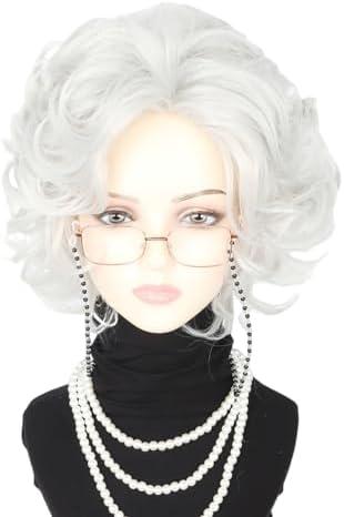 LeMarnia Old Lady Wig Costume Set for Women Short Curly Beige Grey Granny Wigs for Cosplay 100 Years Old Woman Wig Halloween Party Wigs