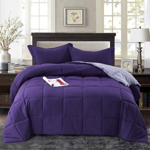 HIG 3pc Down Alternative Comforter Set - All Season Reversible Comforter with Two Shams - Quilted Duvet Insert with Corner Tabs - Box Stitched - Super Soft, Fluffy (King/Cal King, Purple)