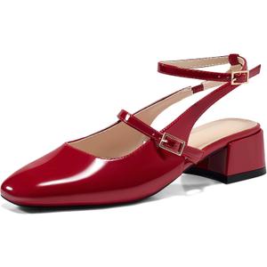 Coutgo Womens Mary Jane Chunky Low Heels Closed Square Toe Ankle Strap Pumps Wedding Party Dress Shoes (7.5, Red)