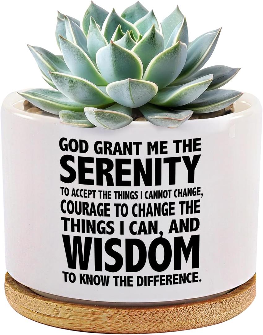 God Grant Me The Serenity Prayer Inspirational Gifts Sobriety Recovery Sober Motivational Christian Gifts Ceramic Succulent Plant Pot with Bamboo Tray Round Home Decor 3.5 Inch White (No Plants)