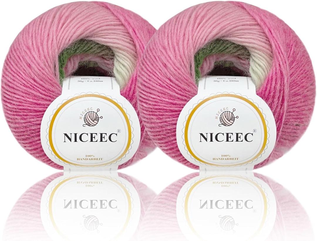 NICEEC 2 Skeins Rainbow Soft Yarn 100% Wool Gradient Multi Color Yarn for Crocheting Knit Total Length 180m2(196yds2,50g2)-6#