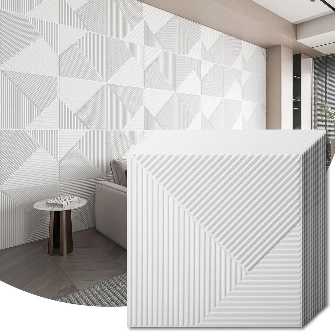 WOWSTAR 12-Pack 3D Wall Panels 19.7" x 19.7", White Slat Wall Panels for Interior Wall Decor, Modern Wall Covering for Living Room, Bedroom & Office, 12"x12"