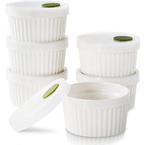 DOWAN Ramekins with lids 6 oz, Creme Brulee Ramiken Oven Safe, Ceramic Baking Bowls Souffle Dishes, Custard Cups Charcuterie Boards Bowls Dipping Sauces, Set of 6, White