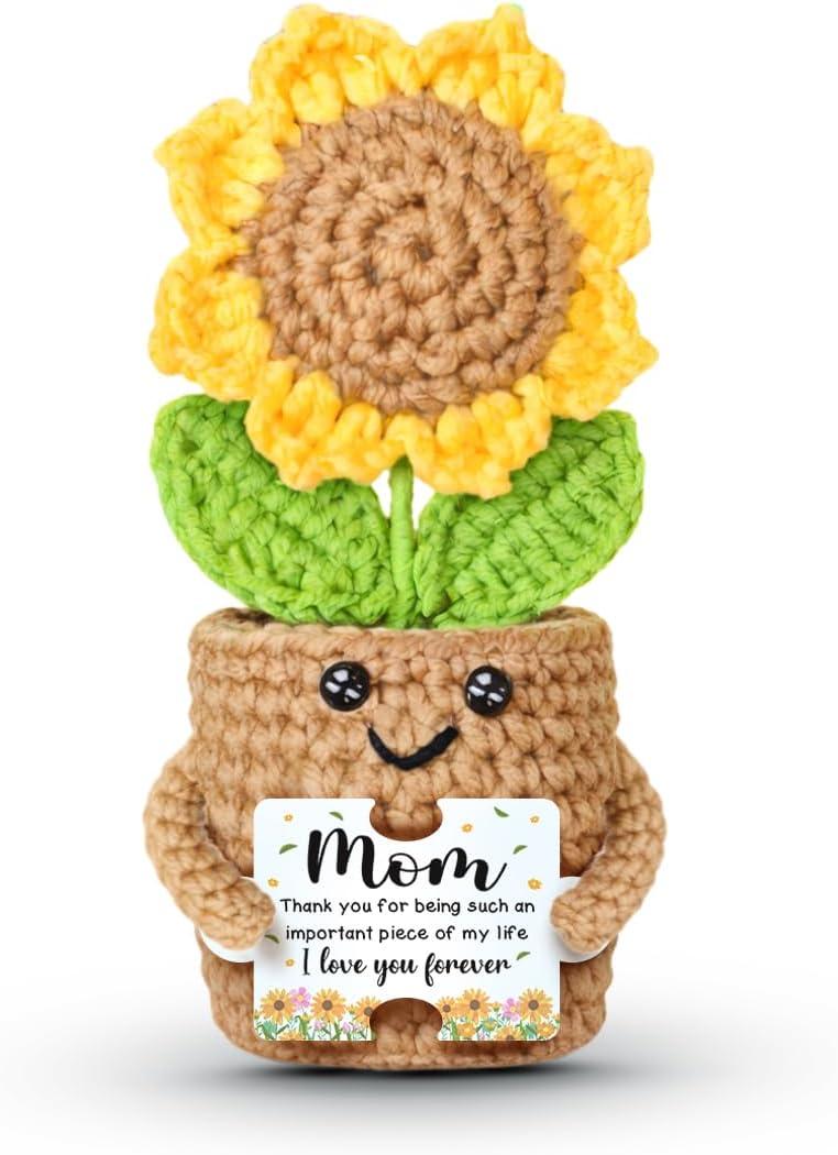 2 x Gifts for Mom from Daughter Son - Mothers Day Sunflower Crochet, I Love You Mom, Handmade Cute Mini Flower, Thanksgiving Birthday Christmas Gift Idea for Mother, Emotional Support Plush