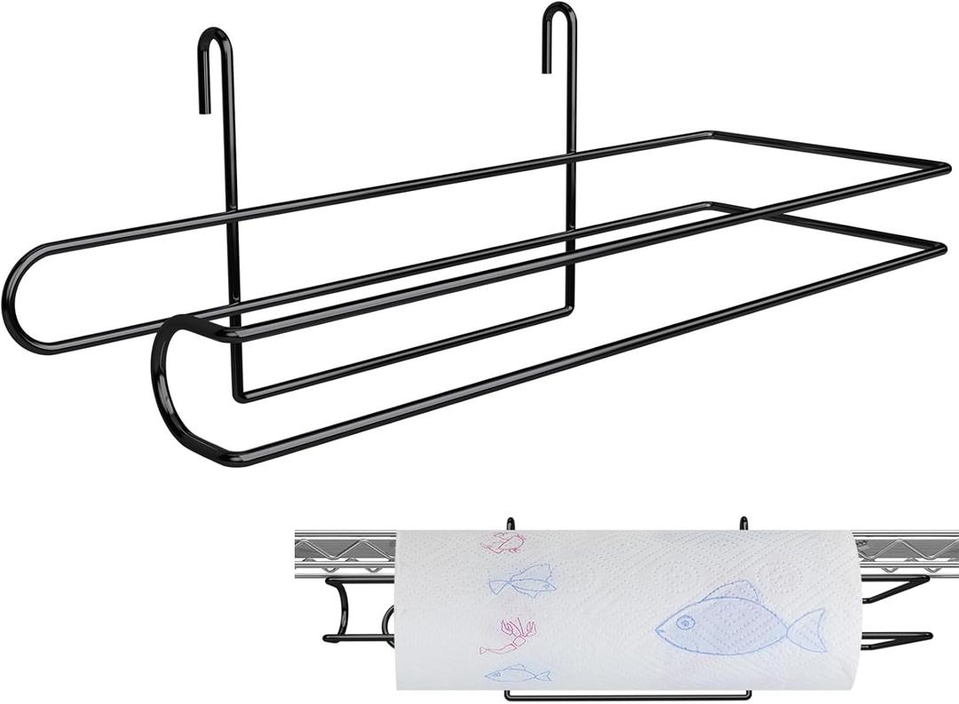 Paper Towel Holder for Wire Shelving 5'' D x 12'' W x 4.5'' H Hanging Paper Towel Holder Wire Shelf Accessories for Camp Dorm Laundry Room Stove Kitchen (Black)