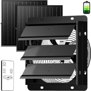 Solar Exhaust Fan with Battery & Dual Solar Panels for Greenhouse, Shed | 1100CFM Powerful Airflow, Dual 25W Solar Panels, 60Wh Rechargeable Battery Backup, 12 Speed Remote control, Waterproof, 10''