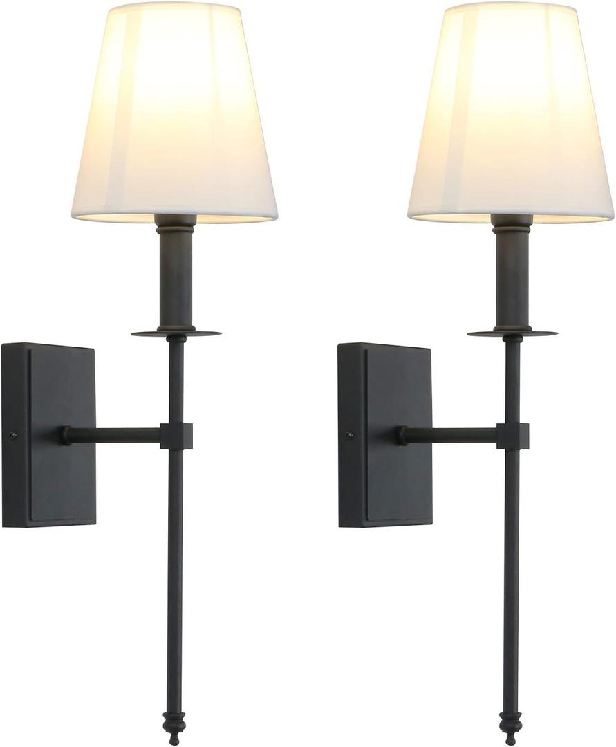 PERMO Set of 2 Classic Rustic Industrial Wall Sconce Lighting Fixture with Flared White Textile Lamp Shade and Black Tapered Column Stand, Hardwired, E26 Base