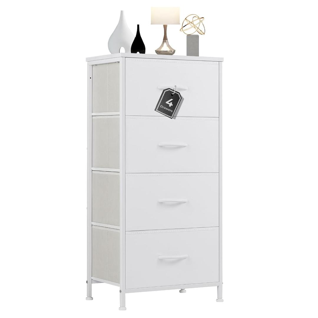 4 Drawer Dresser Fabric Storage Cabinet with Wood Top Steel Frame, Chest of Drawers Organizer for Bedroom Closet Office,White
