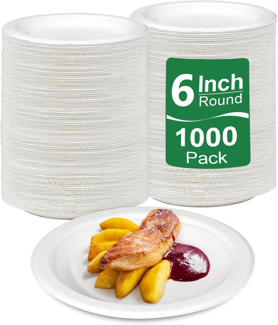 Paper Plates Bulk 1000 Count, Small Dessert Plates 6 Inch Disposable, Eco Friendly, Sturdy, White, 6 Inch 1000 Pack