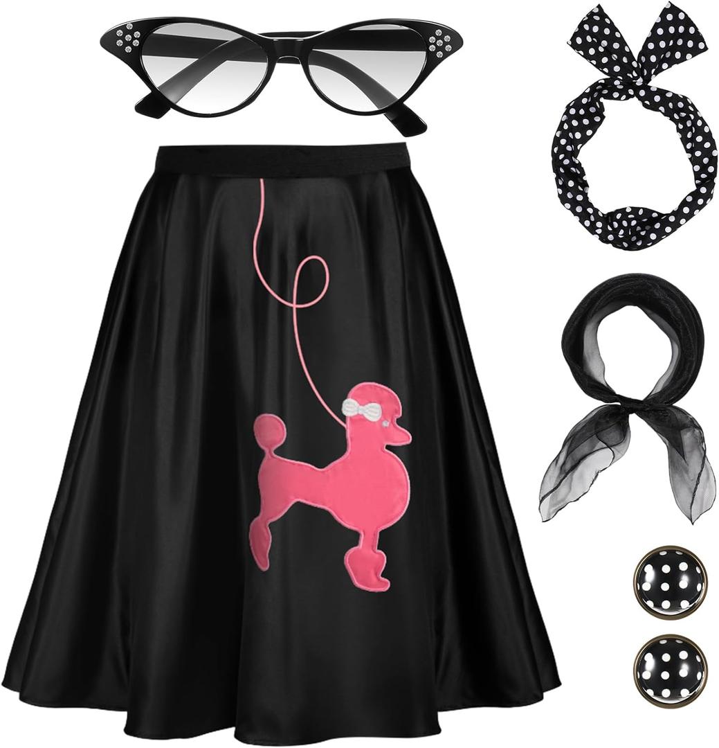 Hicarer 5 Pcs 50s Girl Costume 1950s Poodle Skirt Outfit Sock Hop Kid Scarf Eyeglasses Bandana Headband Earring Halloween (10-12 Years, Black)