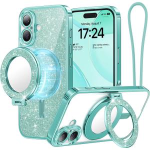 Meifigno Magnetic Case with Removable Phone Ring Stand for iPhone 16 6.1", [Glitter Card & Wrist Strap] [MagSafe Compatible] [Built in Mirror] Magnetic Phone Ring Holder + 16 Case Kit, Teal