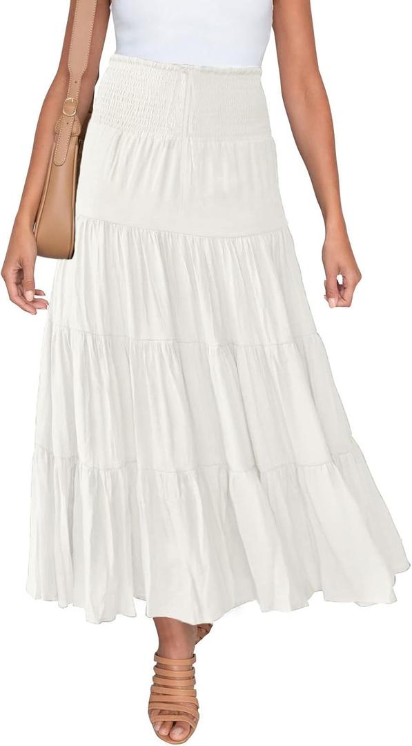 HAEOF Women's Summer Flowy Boho Maxi Skirt Trendy Drawstring Elastic High Waist Pleated Tiered A Line Beach Long Skirts (White) L