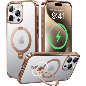 CASEKOO Desert Titanium for iPhone 15 Pro Max Case with 360 Spin Magnetic Stand [Compatible with Magsafe][16FT Military Protection] Polished for iPhone 15 ProMax Case with Stand Ring 6.7'', Rose Gold