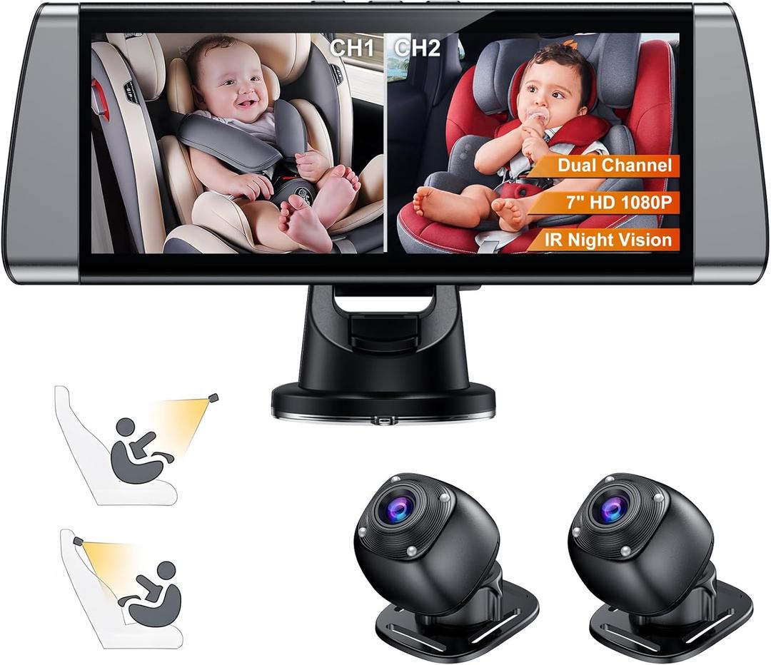 Baby Car Camera for 2 Kids - 7" Split Screen with Dual Carseat Camera - USB Plug and Play Easy Install - Safety Rear Facing Infant Back Seat Monitor with HD 1080P, Night Vision - Grey