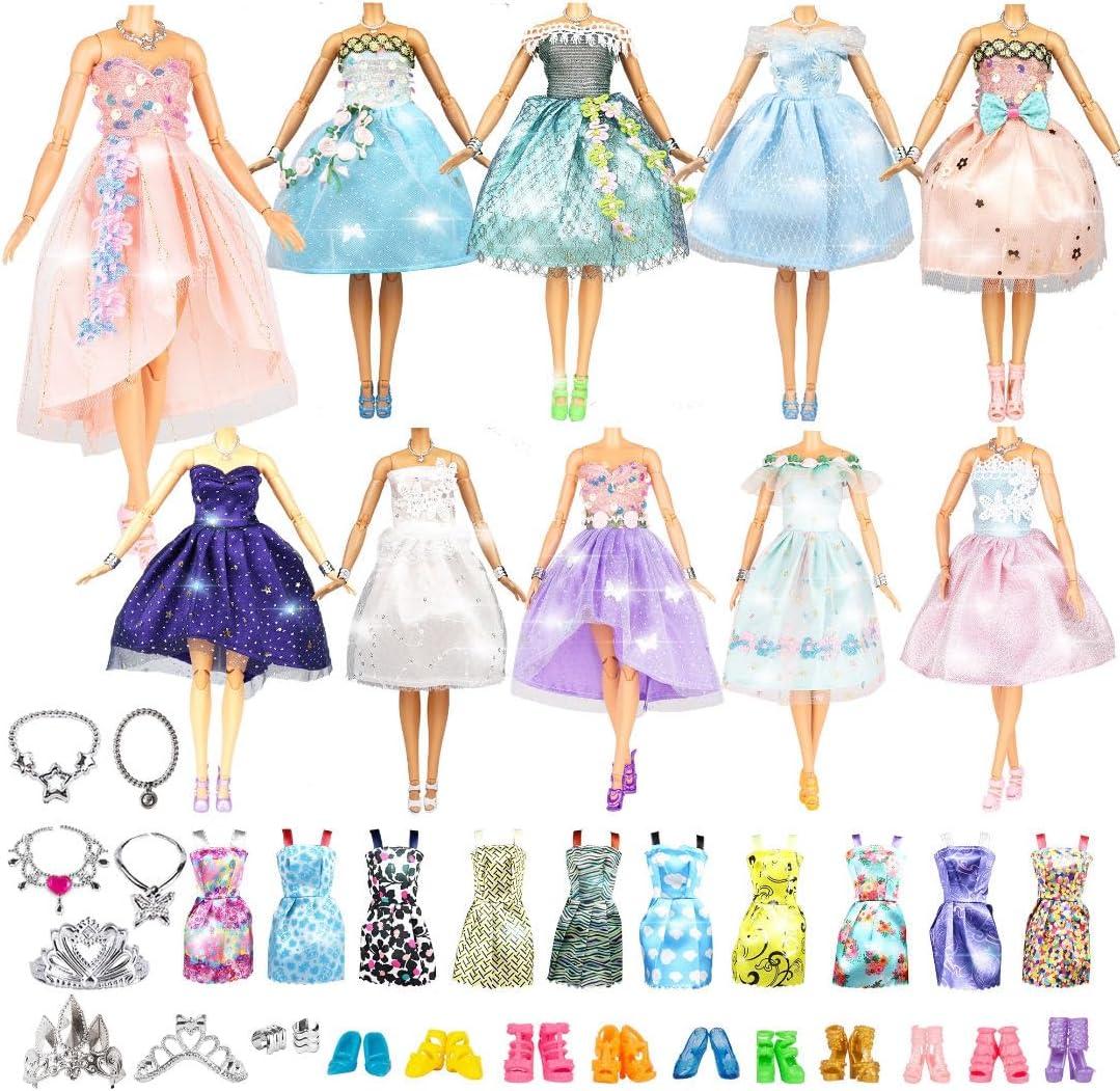 Doll Clothes and Accessories 39 Pack, Newest Unique & Fashion Forest Fairy Dress for Dolls, 10 Fairy Dress, 10 Mini Dress and 9 Accessories, 10 Shoes