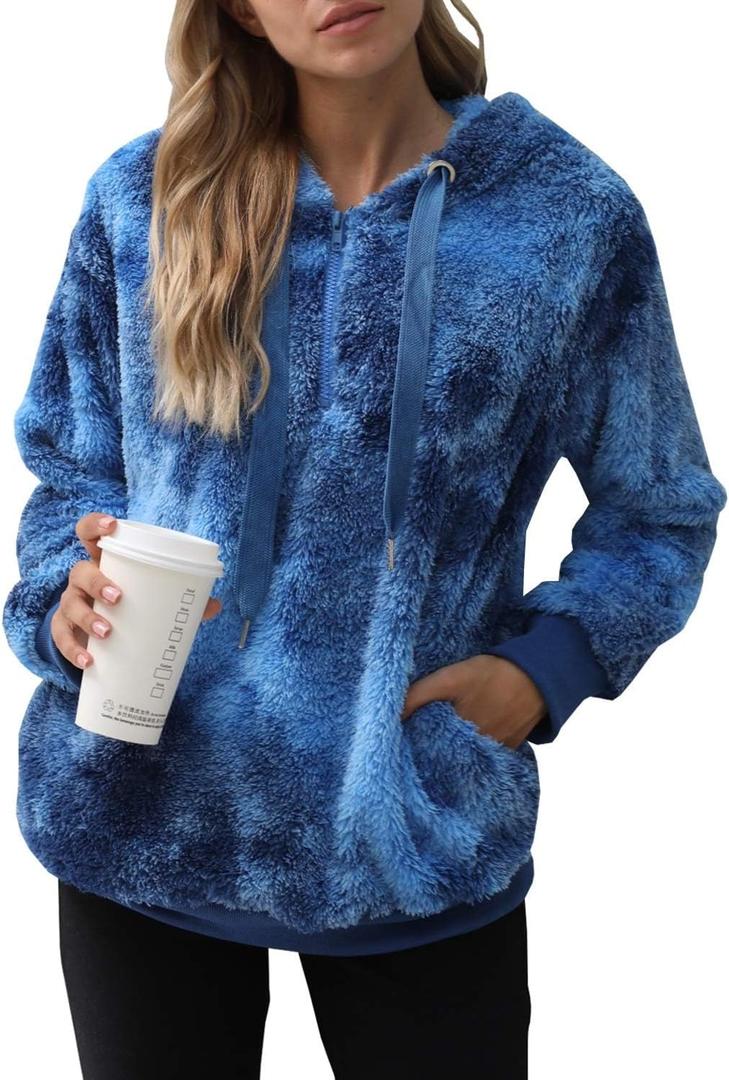 ReachMe Womens Oversized Sherpa Pullover Hoodie with Pockets Fuzzy Fleece Sweatshirt Plaid Fluffy Jacket Coat (Small, B5 Blue)