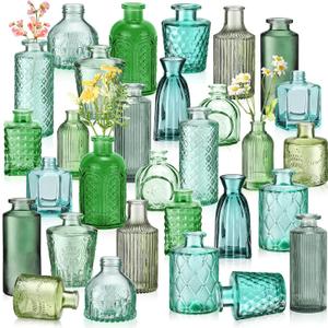 Yaomiao 30 Pcs Vases Bulk Colored Flower Glass Bud Vases Valentine Vintage Colored Glass Bottles Colorful Rustic Embossed for Home Wedding Table Decorations Gifts(Green Series)