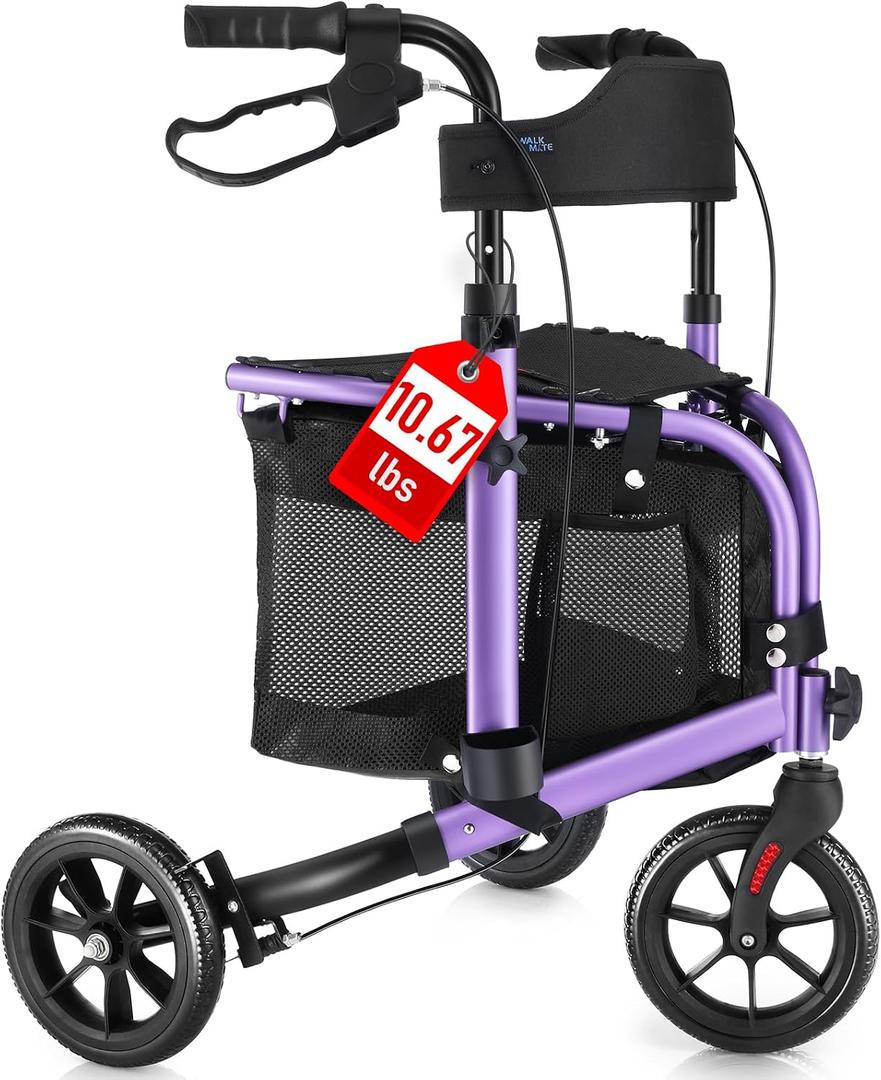 WALK MATE 3 Wheel Rollator Walker with Seat for Slim Seniors, Padded Backrest Lightweight Foldable Travel Walker Ideal for Elderly, 8 Inch Tri-Wheel Modern Mobility Walking Aid Aluminum, Purple