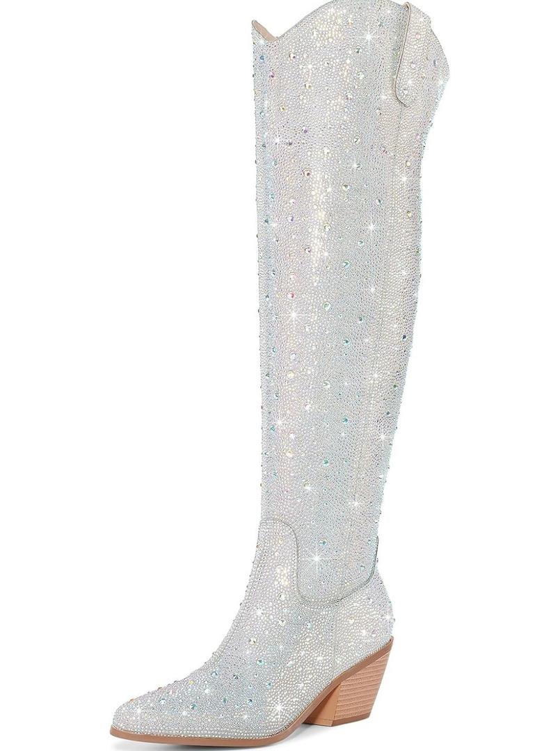 Women Rhinestone Over the Knee Cowboy Boots, Sparkly Bling Cowgirl Boots Western Thigh High Boots Pull-On Side Zippers Chunky Heel Pointed Toe Size10 For Fashion&Daily