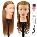 Mannequin Head Human Hair- Cosmetology Manikin Doll Head with 80% Real Hair for Hairdresser Practice Styling Braiding Training Heads & Free Clamp Holder (Brown)