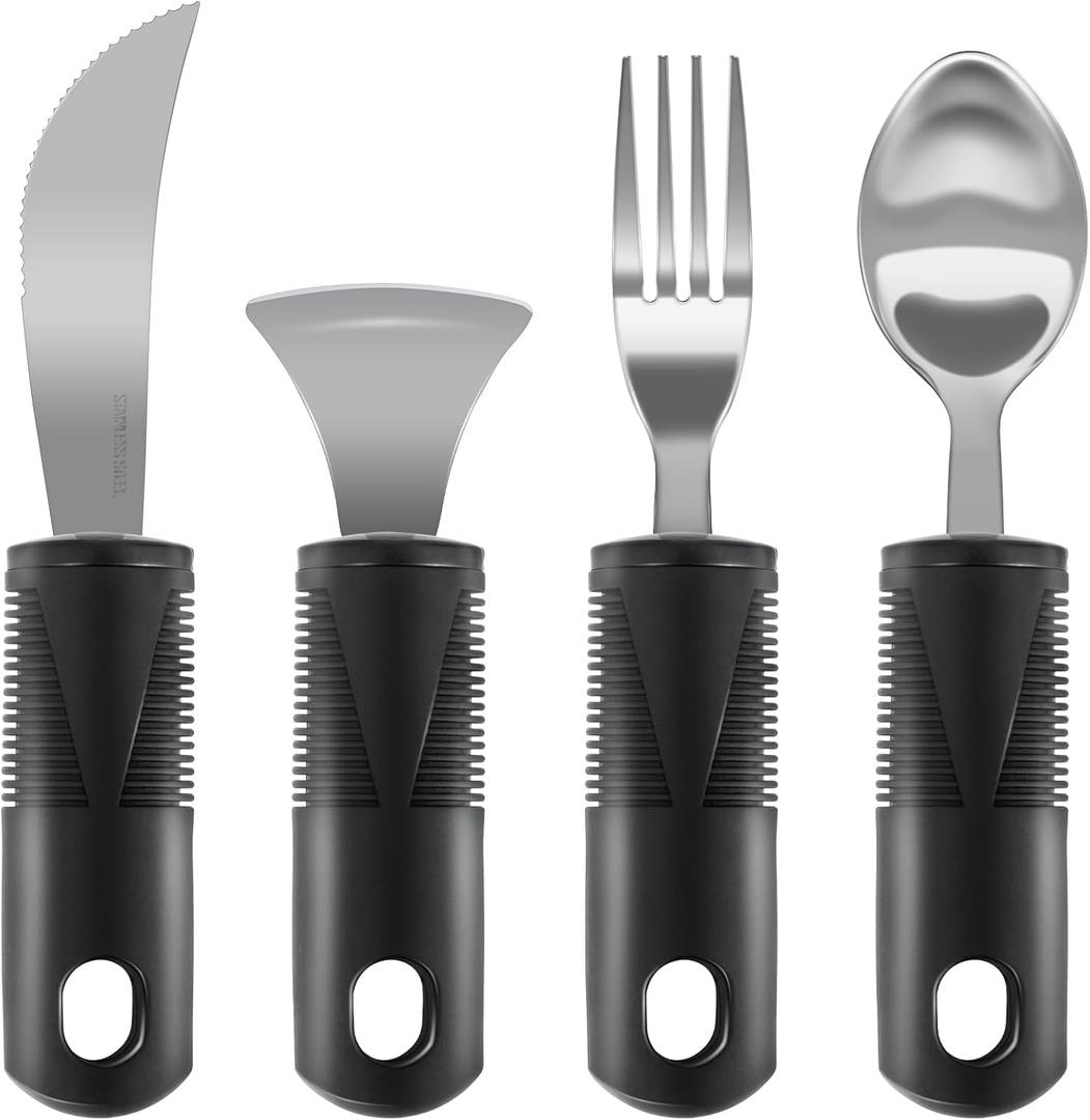 Adaptive Utensils, Weighted Utensils for Hand Tremors, Utensils for Parkinsons Patients,Elderly,Arthritis,Weak Hand Grip. Stainless Steel Knife,Fork,Spoons and Rocker Knife Set (4pcs Regular)