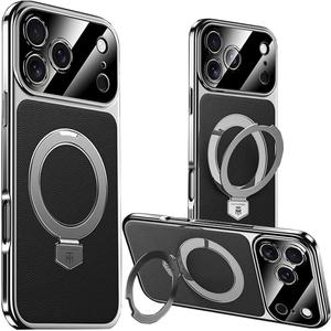 Magnetic Leather Case for iPhone 17 Pro with Magnetic Kickstand, [Compatible with Wireless Charging] Slim PU Leather & Electroplated Frame Drop-Proof Phone Cover for iPhone 17 Pro(Black)