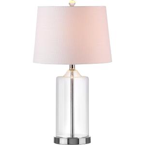 JONATHAN Y 25" Clear Glass and Chrome LED Table Lamp, Modern Coastal Bedside Lamp with White Linen Drum Shade for Living Room, Farmhouse Decor, LED Bulb Included JYL1018A