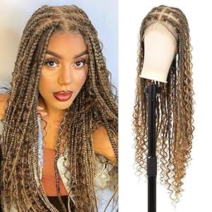 36" Full Lace Boho Braided Wigs for Black Women Knotless Braided Wigs Box Braid Wig with Baby Hair Premium Synthetic Black Boho Braid Wig, 360 HD Full Lace